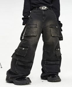 Multi Pocket Vintage Wide Leg Jeans For Men