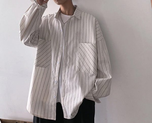 Trendy Men With Long-Sleeved Shirt Korean Men's Handsome Striped Shirt