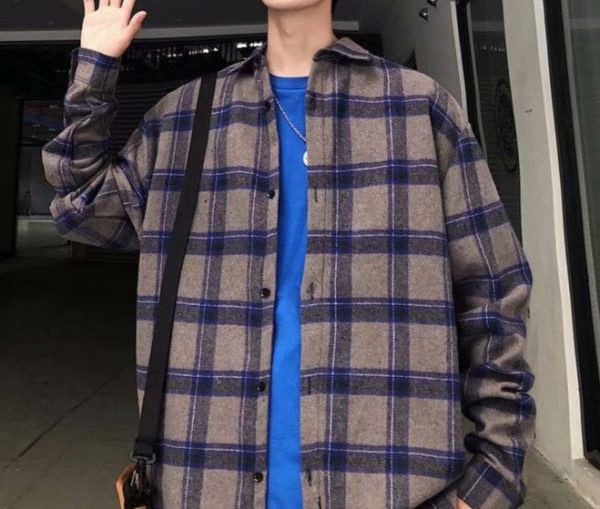 Men's Korean style loose plaid shirt jacket