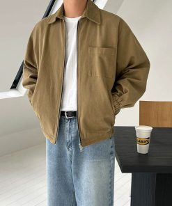 Men's Fashion Retro Solid Color Polo Collar Jacket