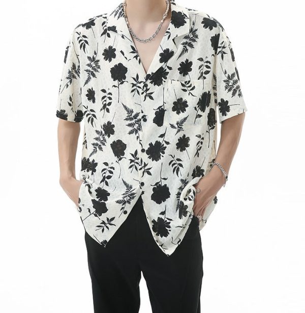 New Loose Hong Kong Style Retro Closure Collar Floral Short Sleeve Shirt